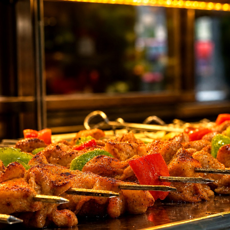 Fresh skewers ready for the grill, marked with the kosher seal