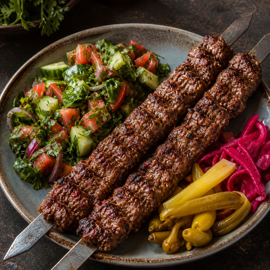 Char-grilled kebab plate with fresh salad