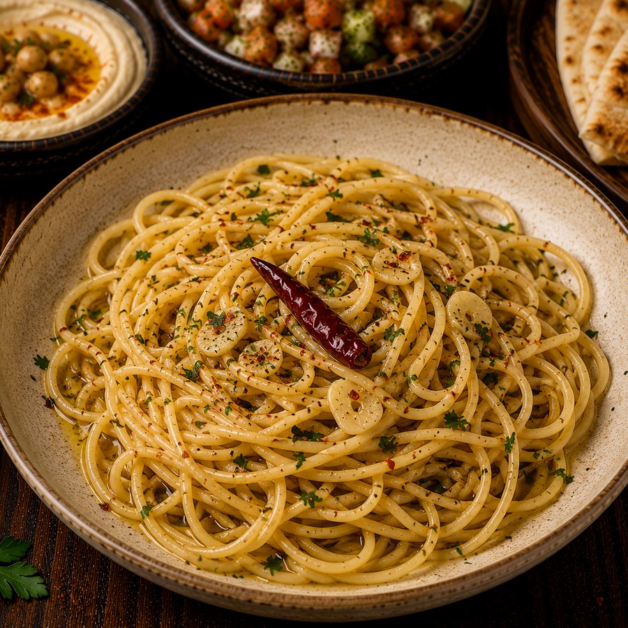 Spaghetti aglio olio with a kick of chili